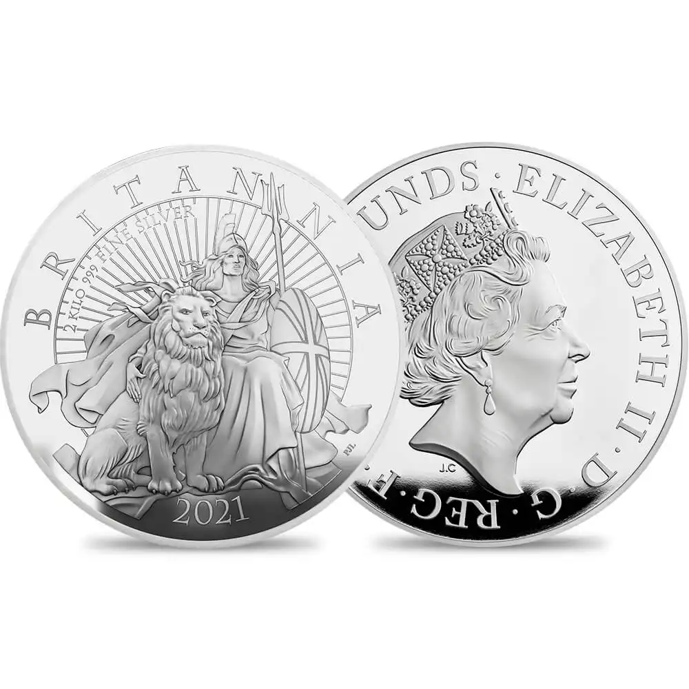 2021 エリザベス2世 ブリタニア 1000ポンド2キロプルーフ銀貨 未鑑定 箱付き 【ご予約承り品】
