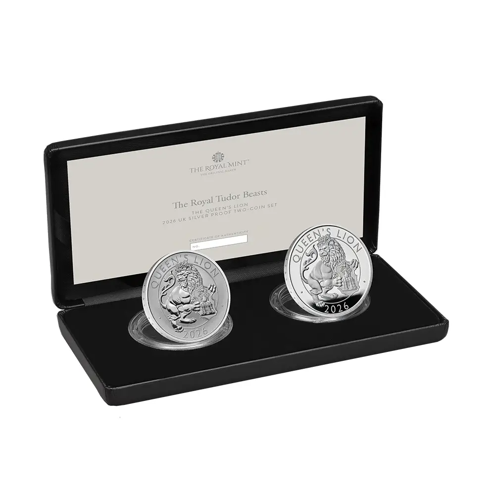 2026 チャールズ3世 ロイヤルテューダービースト 女王のライオン 2ポンド1オンス銀貨2枚セット プルーフ・リバースプルーフ仕上 未鑑定 箱付き【ご予約承り品】