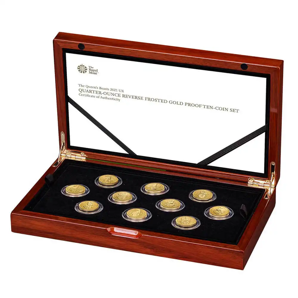 2021 エリザベス2世 クイーンズビースト10枚セット 25ポンド1/4オンスリバースプルーフ金貨 未鑑定 箱付き 250セット