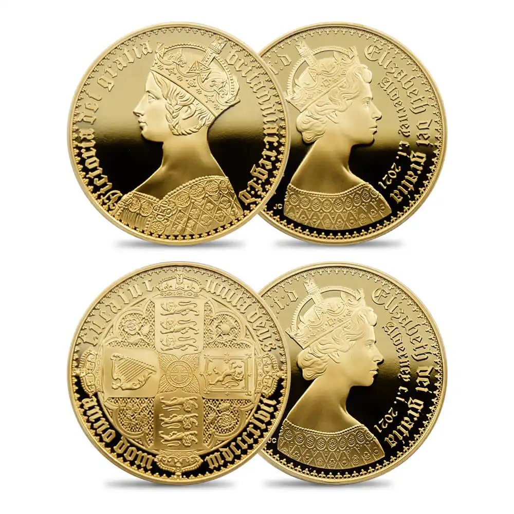 オルダニー島 2021 エリザベス2世 ニューゴチッククラウン 5ポンド金貨 2枚セット プルーフ仕上げ PCGS PR70DC鑑定品 発行数400セット 箱付き【ご予約承り品】