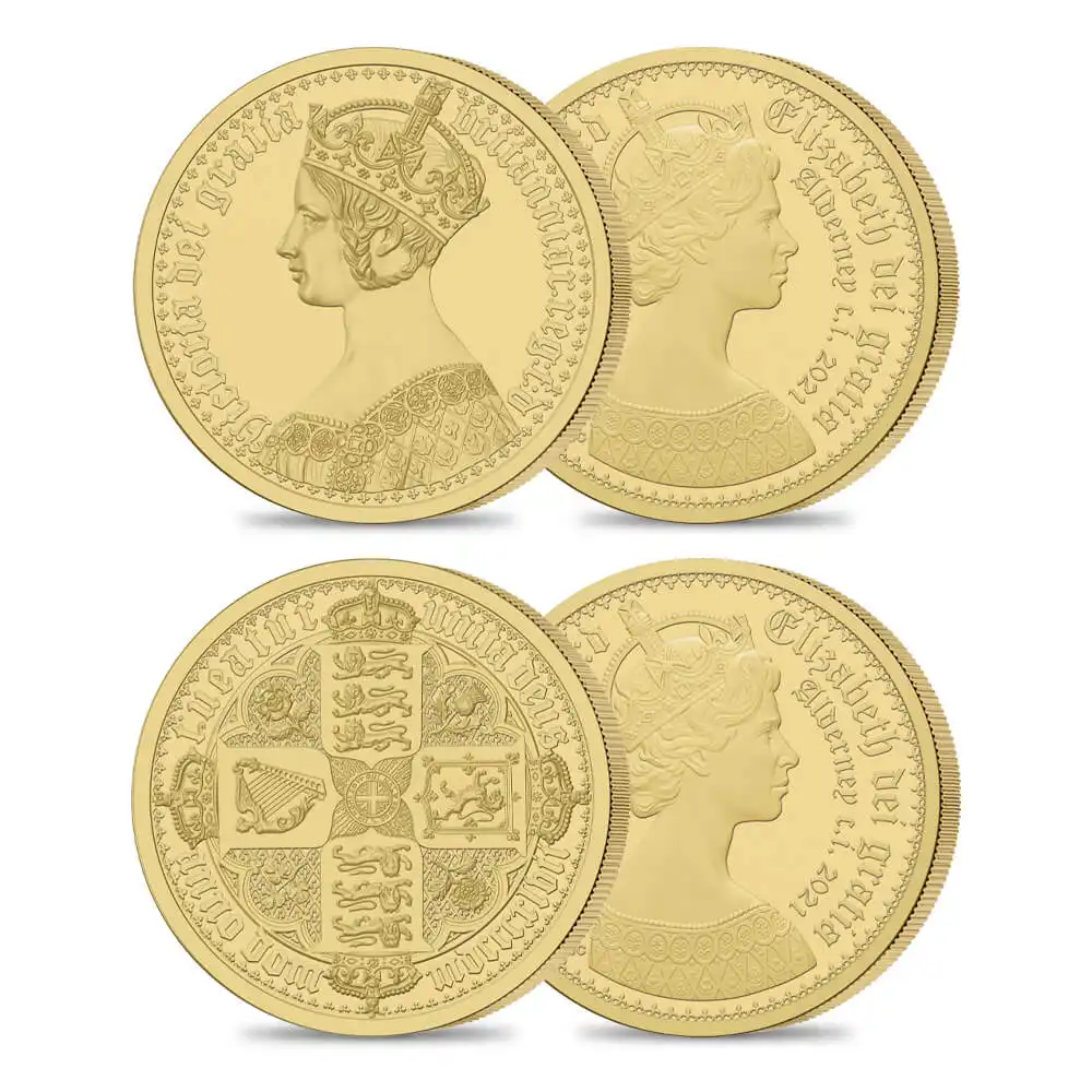 オルダニー島 2021 エリザベス2世 ニューゴチッククラウン 5ポンド金貨 2枚セット マットプルーフ仕上げ PCGS PR70鑑定品 発行数125セット【ご予約承り品】