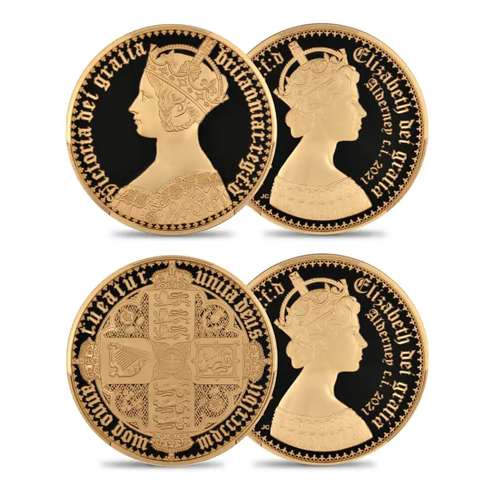 オルダニー島 2021 エリザベス2世 ニューゴチッククラウン 500ポンド5オンス金貨 2枚セット プルーフ仕上げ PCGS PR70DC鑑定品 発行数125セット【ご予約承り品】