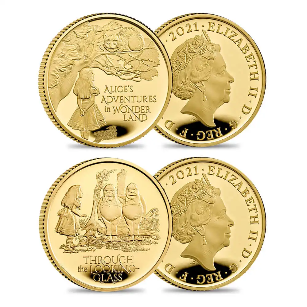 2021 エリザベス2世 アリスの冒険  25ポンド1/4オンスプルーフ金貨  2枚セット ロイヤルミント発行 未鑑定 発行数510セット 箱付き 【ご予約承り品】
