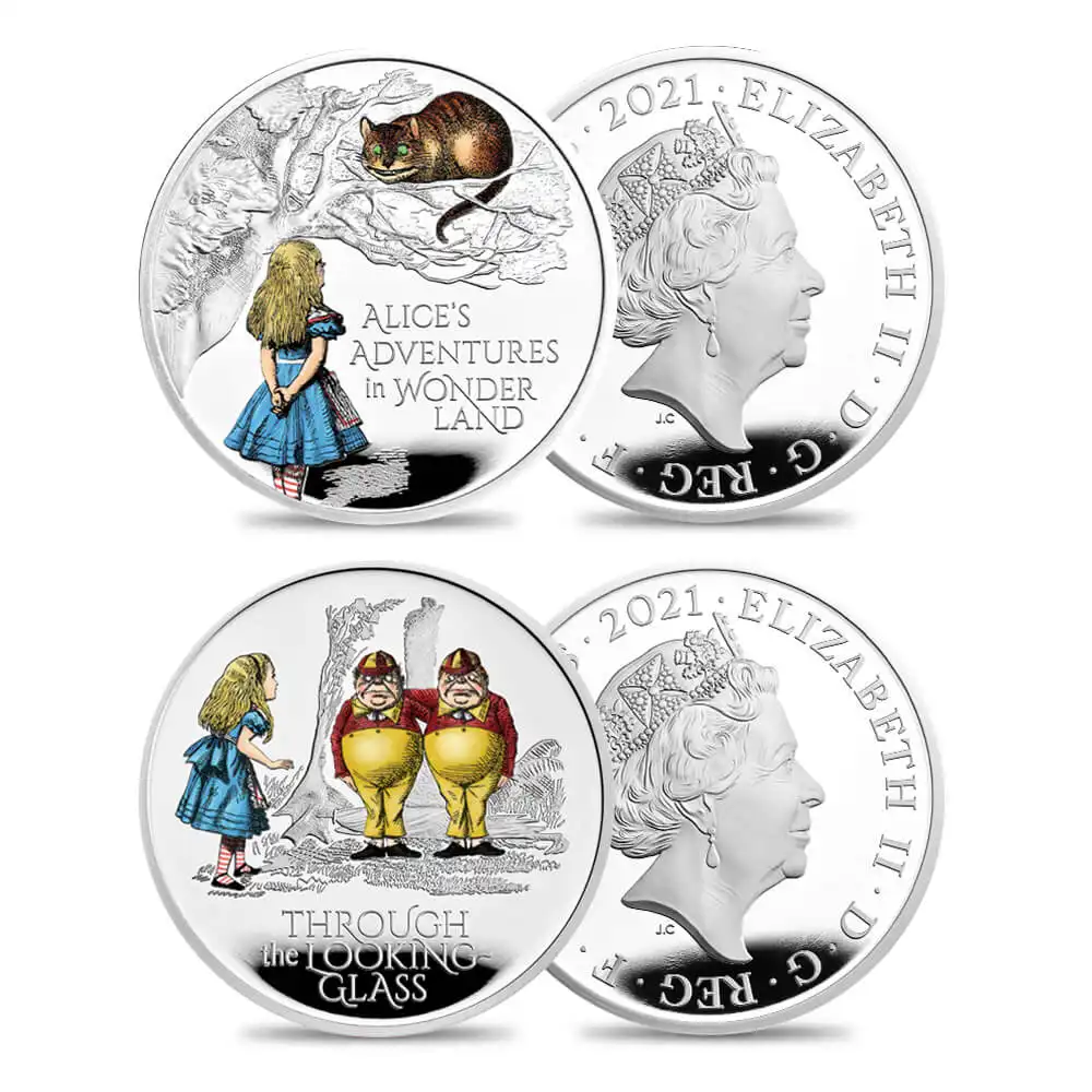 2021 エリザベス2世 アリスの冒険  2ポンド1オンスプルーフカラー銀貨  2枚セット ロイヤルミント発行 未鑑定 発行数3510セット 箱付き 【ご予約承り品】