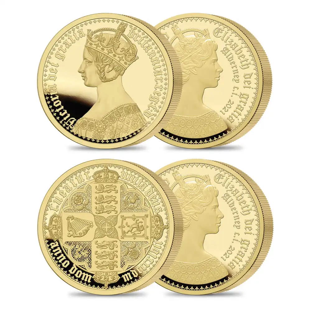 オルダニー島 2021 エリザベス2世 ニューゴチッククラウン 200ポンド2オンスピエフォー金貨 2枚セット プルーフ仕上げ PCGS PR70DC鑑定品 発行数250セット【ご予約承り品】