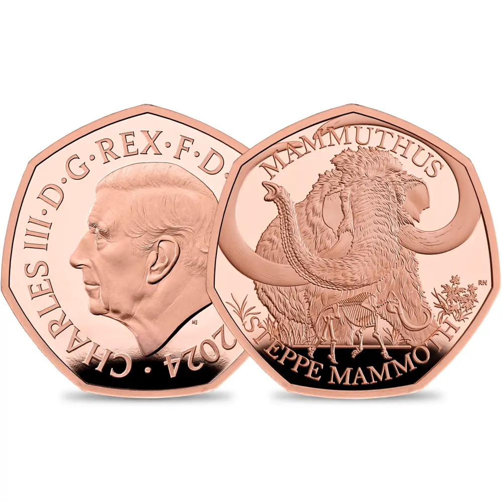 2024 チャールズ3世 「地球の物語コレクション」・氷河時代の巨獣たち 第1弾 ステップマンモス 50ペンスプルーフ金貨 未鑑定 箱付き【ご予約承り品】