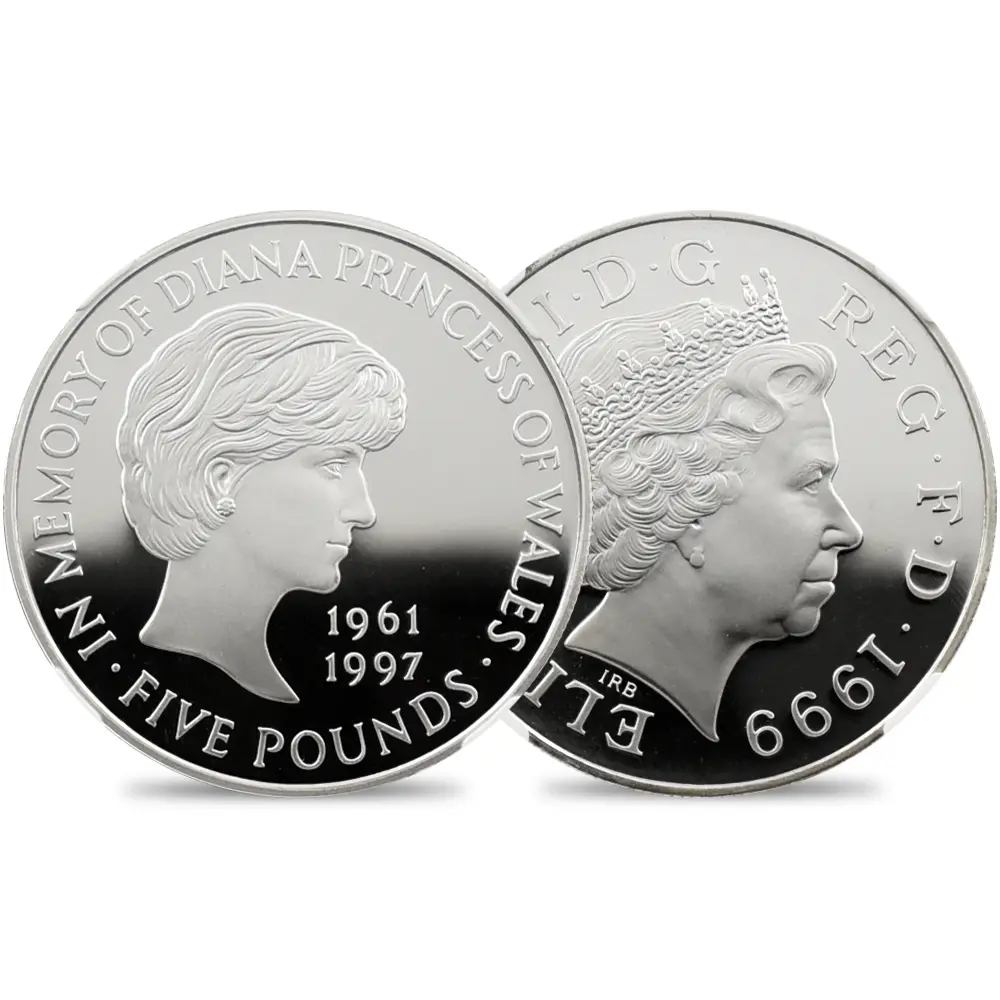 1999 エリザベス2世 ダイアナ妃追悼記念 5ポンド銀貨 NGC PF69UC