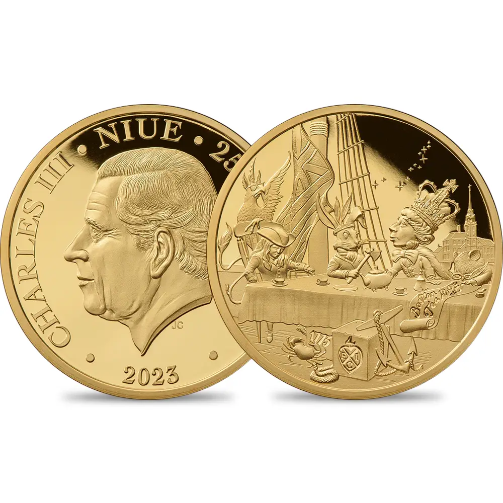 ニウエ 2023 チャールズ3世 ボストン茶会事件250周年記念「アリスのティーパーティー」 250ドル1オンスプルーフ金貨 未鑑定 箱付き【ご予約承り品】