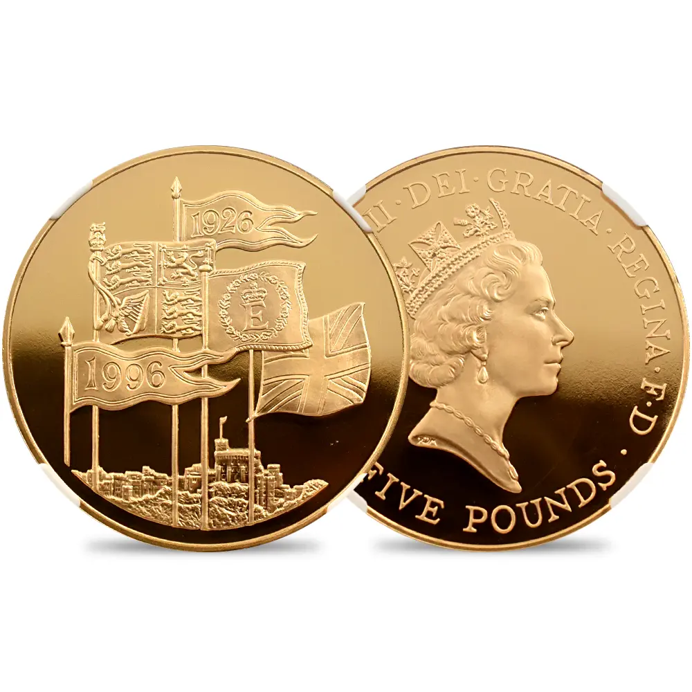1996 エリザベス2世 ミドルエリザべス 女王生誕70周年記念 5ポンド金貨 NGC PF70UC