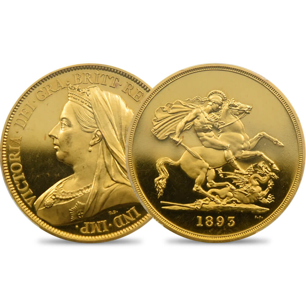 イギリス 1893 ヴィクトリア女王 オールド（ヴェールド）ヘッド 聖ジョージ竜退治 5ポンド金貨 PCGS PR64DC S-3872