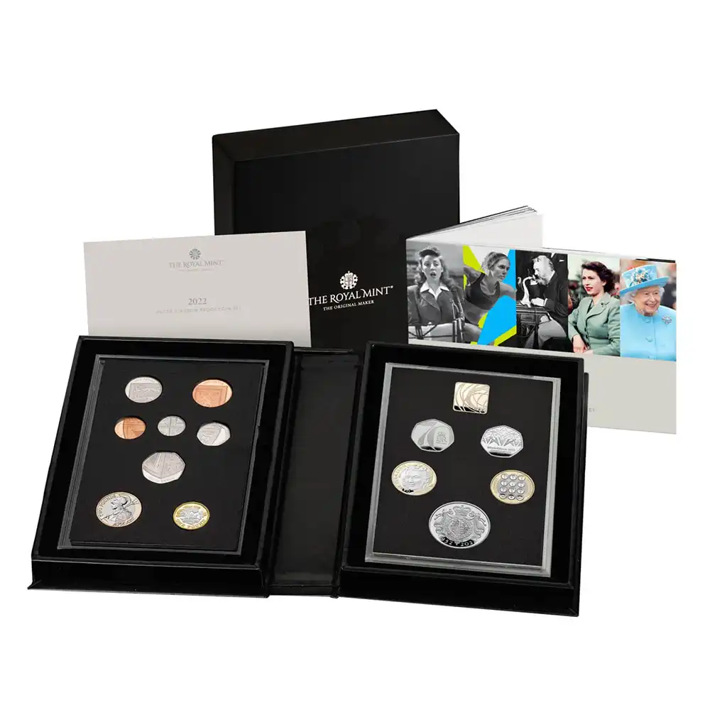 2022 エリザベス2世 記念及び通常コイン 1・2・5・10・20・50ペンス・1・2・5ポンドプルーフコイン13枚とメダル1枚のセット  未鑑定 箱付き【ご予約承り品】