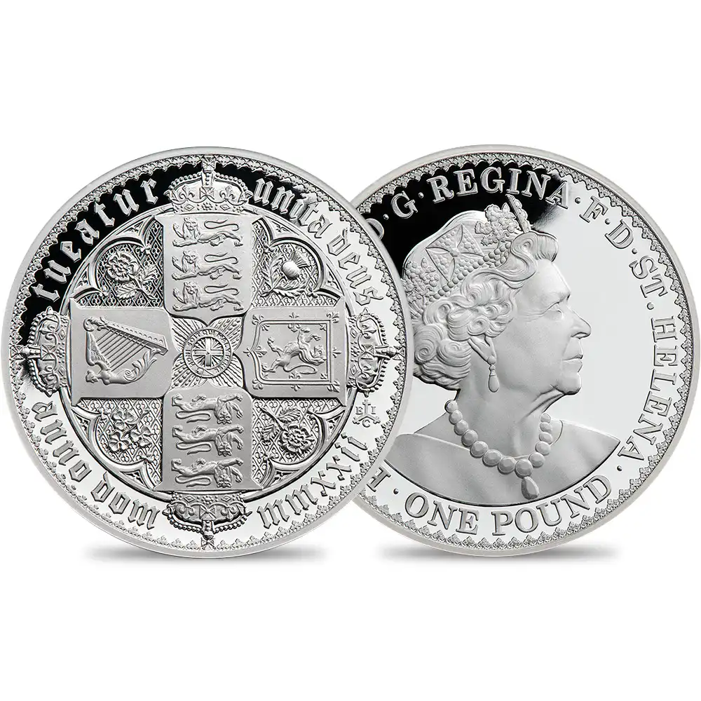 セントヘレナ 2022 エリザベス2世 ゴチッククラウン 十字の盾の紋章 1ポンド1オンスプルーフ銀貨 未鑑定 箱付き【ご予約承り品】