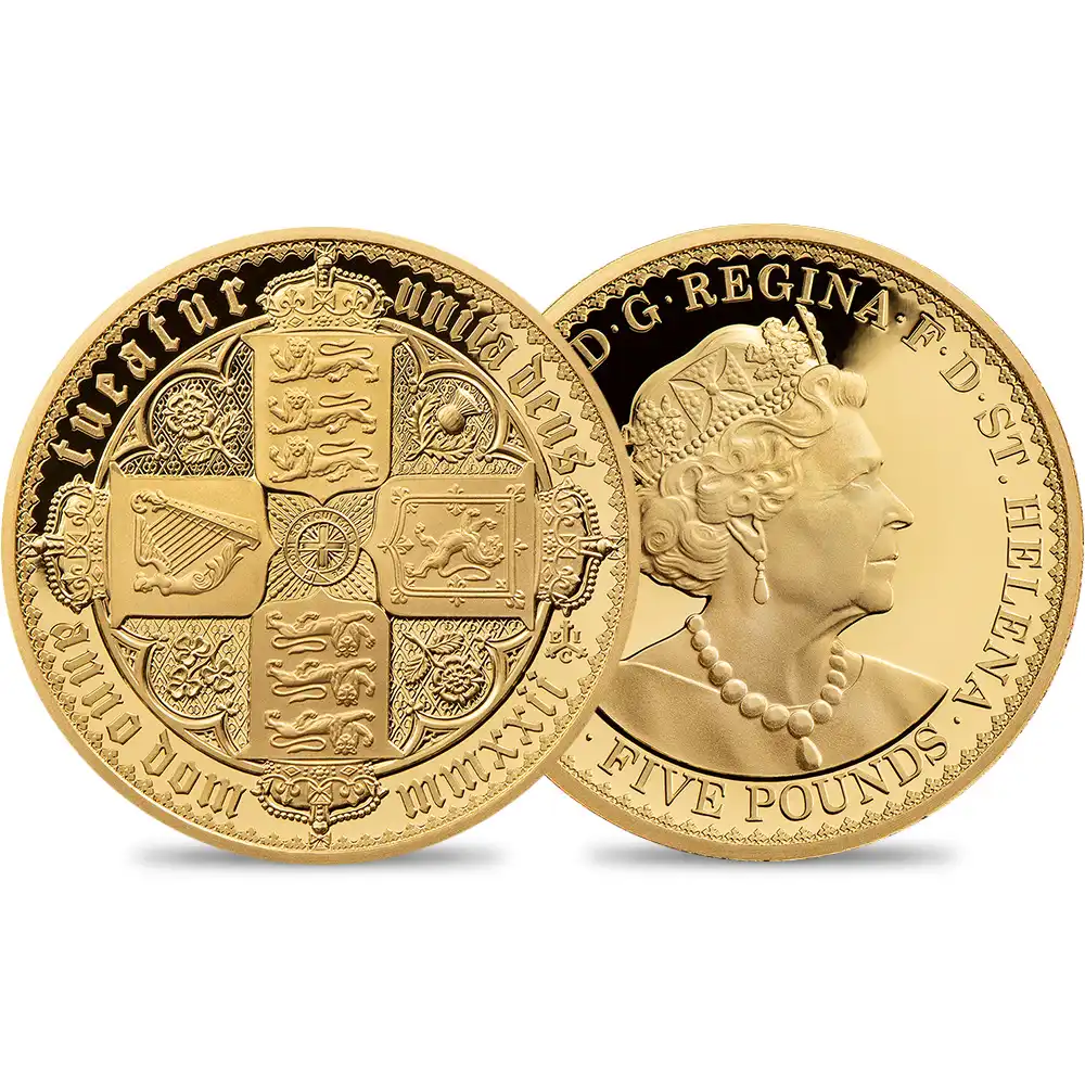 セントヘレナ 2022 エリザベス2世 ゴチッククラウン 十字の盾の紋章 5ポンド5オンスプルーフ金貨 未鑑定 箱付き【ご予約承り品】