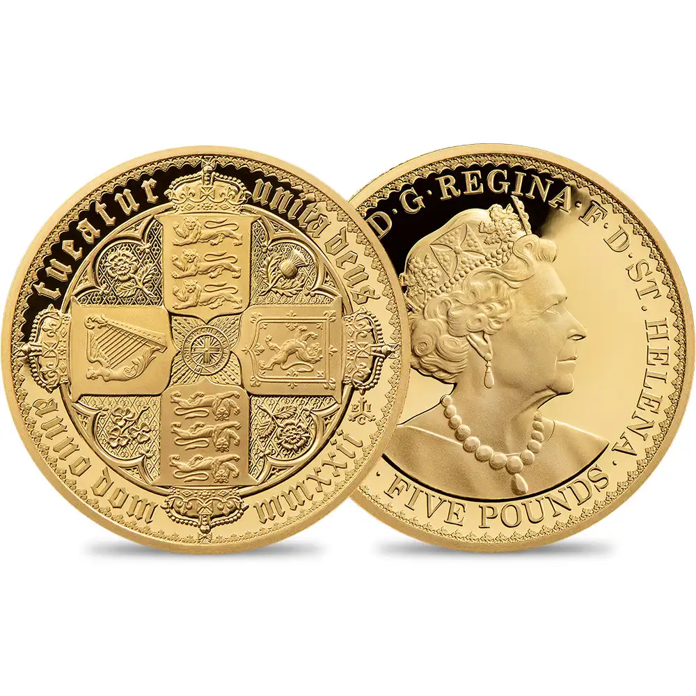 セントヘレナ 2022 エリザベス2世 ゴチッククラウン 十字の盾の紋章 5ポンド2オンスプルーフ金貨 未鑑定 箱付き【ご予約承り品】