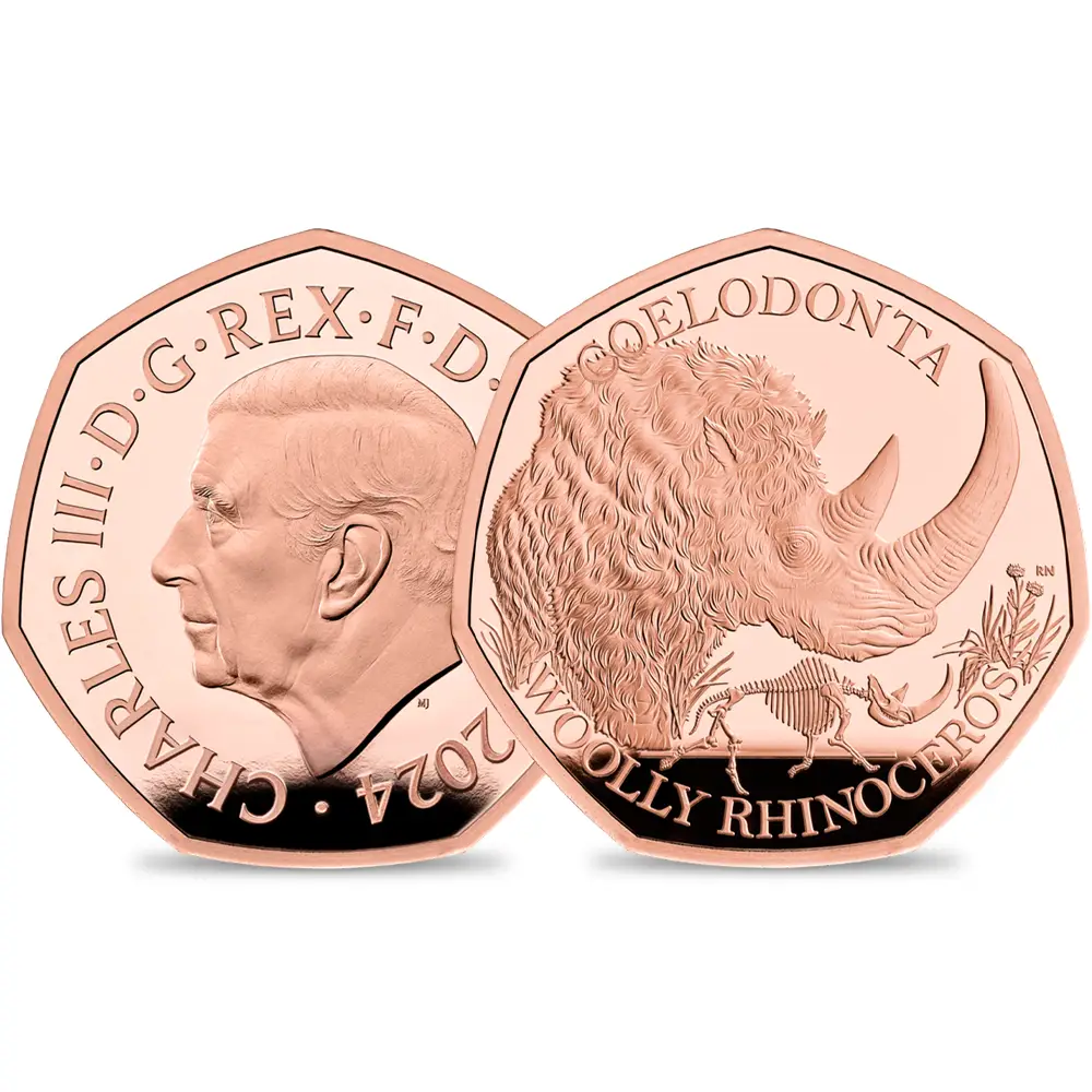 2024 チャールズ3世 「地球の物語コレクション」・氷河時代の巨獣たち 第2弾 ケブカサイ 50ペンスプルーフ金貨 未鑑定 箱付き【ご予約承り品】