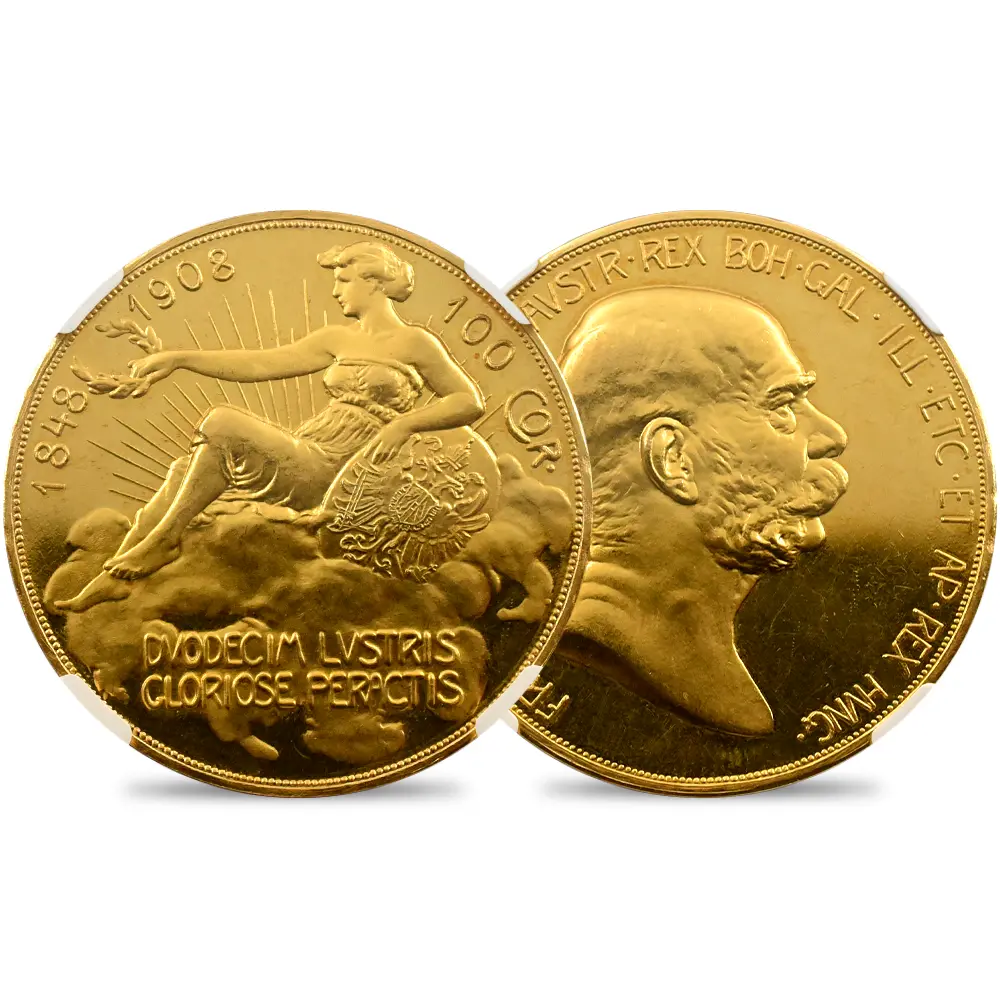 オーストリア 1908 フランツ・ヨーゼフ1世 皇位60周年記念 雲上の女神 100クローネ金貨 NGC PF63CA
