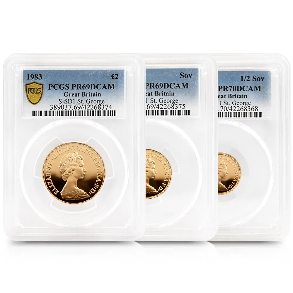 1983 エリザベス2世 ヤングエリザベス 聖ジョージ竜退治 2ポンド・1・1/2ソブリン金貨 PCGS PR69-70DC S-SB1 箱付き