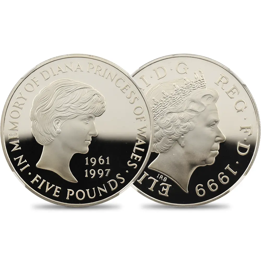 1999 エリザベス2世 ダイアナ妃追悼記念 5ポンド銀貨 NGC PF69UC 箱付き