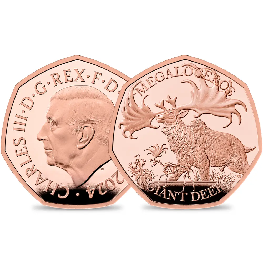 2024 チャールズ3世 「地球の物語コレクション」・氷河時代の巨獣たち 第3弾 ギガンテウスオオツノジカ 50ペンスプルーフ金貨 未鑑定 箱付き【ご予約承り品】