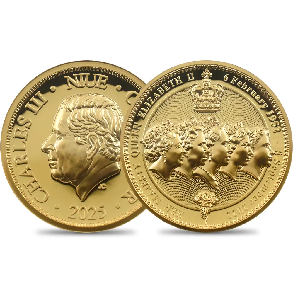 ニウエ 2025 チャールズ3世 女王エリザベス2世追悼記念 ハイレリーフ 1ドル金メッキ銅貨 ファーストリリース NGC PF70UC