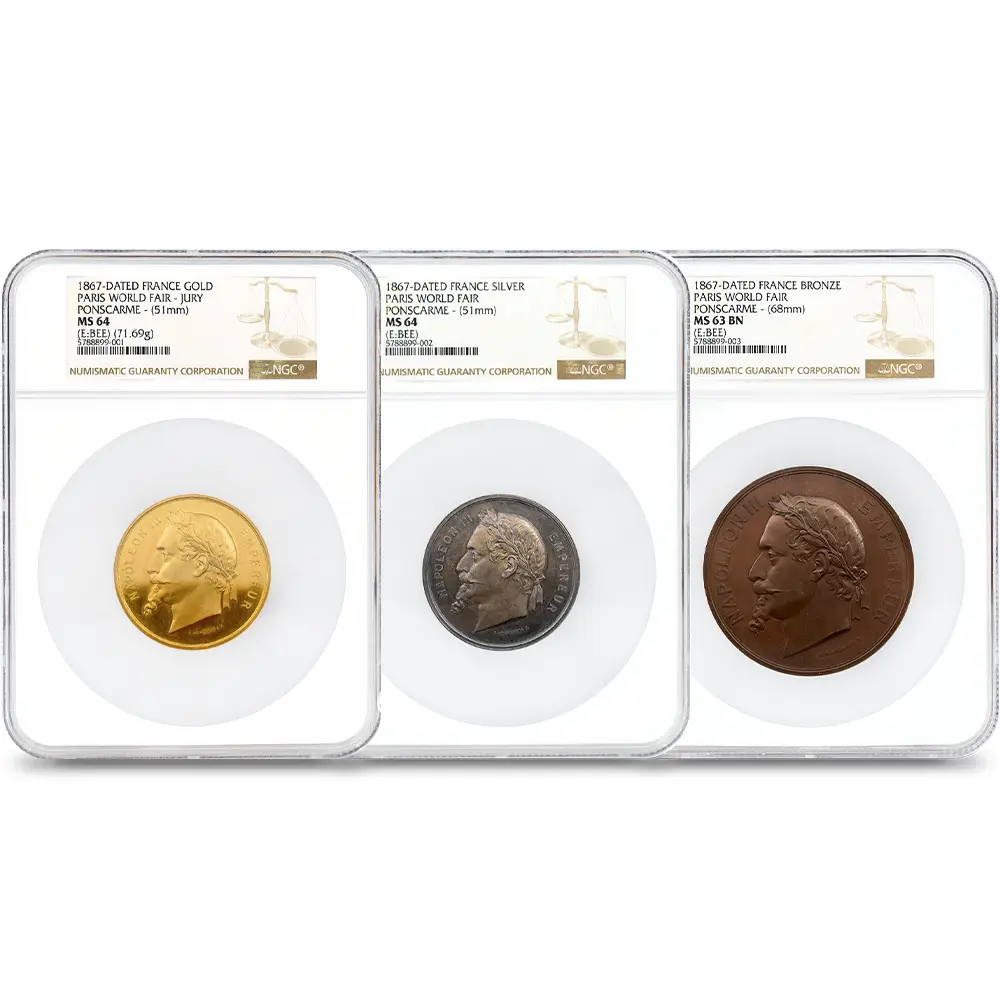 フランス 1867 ナポレオン3世 パリ万国博覧会 金・銀・銅メダル 3枚セット NGC MS63-64 箱付き