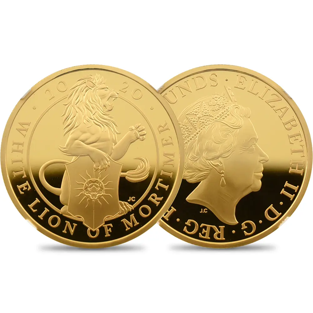 2020 エリザベス2世 クイーンズビースト モーティマーの白いライオン 100ポンド1オンス金貨 アーリーリリース NGC PF70UC 箱付き