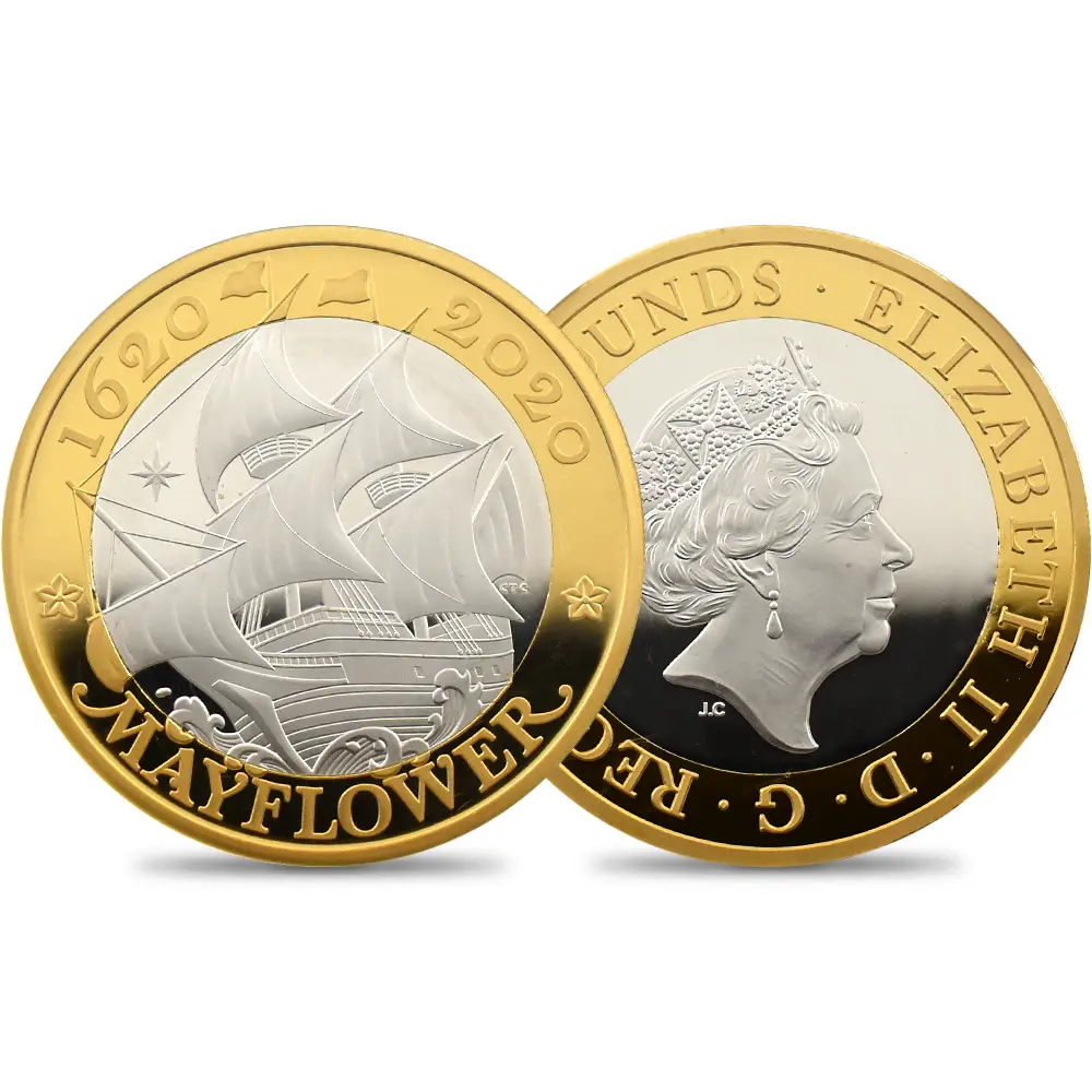 2020 エリザベス2世 メイフラワー号出航400周年 2ポンドピエフォー銀貨 金メッキ付 ファーストリリース NGC PF70UC 箱付き